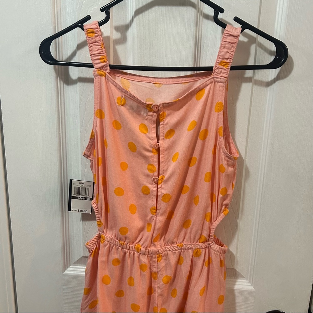 DKNY Girls Medium Romper Cut Out Side Pink Orange Polka Dot NWT Sleeveless - Picture 6 of 8